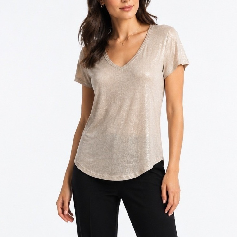 White House Black Market Champagne Metallic V-Neck Short Sleeve Tee XS